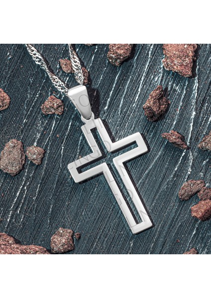 925 Ayar Gümüş Singapur Zincirli Sade Hac Cross Kolye