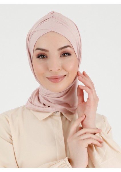 Pileli Isra Çapraz Hazır Türban - Pudra - Ecardin