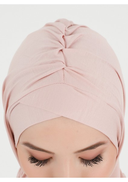 Pileli Isra Çapraz Hazır Türban - Pudra - Ecardin fırsatları