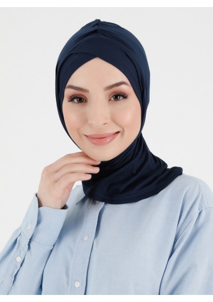 Pileli Isra Çapraz Türban - Lacivert - Ecardin