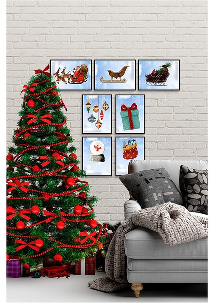 Çerçevesiz Çerçeve Görünümlü Noel 7 Parça Mdf Yeni Yıl Tablo Seti Modern New Year ÖZC-MDF7K