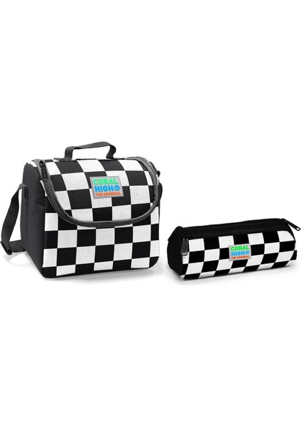 Siyah Damalı Erkek Çocuk Beslenme Çantası ve Kalemlik Seti - Thermo