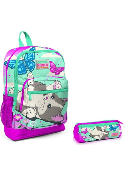 Ilkokul Sırt Çantası ve Kalemlik Seti - Sevimli Kedi ve Kelebek