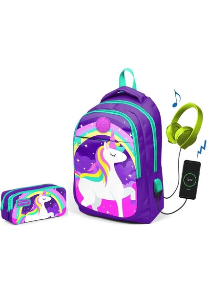 Coral High Kids Mor Unicorn Kız Çocuk Ilkokul Çantası ve Kalemlik Seti - USB Soketli