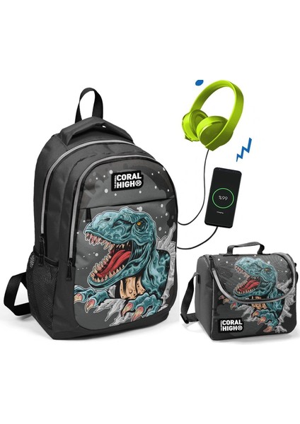 Coral High Dinazor Baskılı Okul ve Beslenme Çantası - Erkek Çocuk - USB Soketli