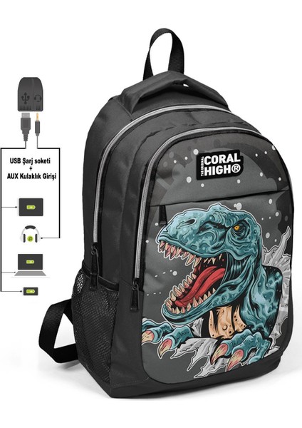Coral High Dinazor Baskılı Okul ve Beslenme Çantası - Erkek Çocuk - USB Soketli