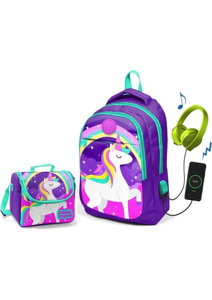Coral High Kids Mor Unicorn Okul ve Beslenme Çantası - Kız Çocuk - USB Soketli