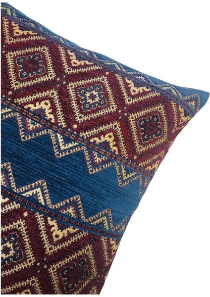Geometrik Desenli Bordo-Mavi Kırlent Kılıfı 45 x 45 cm