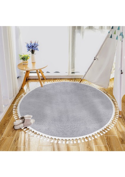 Yuvarlak Comfort Puffy Ponpon Saçaklı Peluş Halı Açık Gri SM1011A