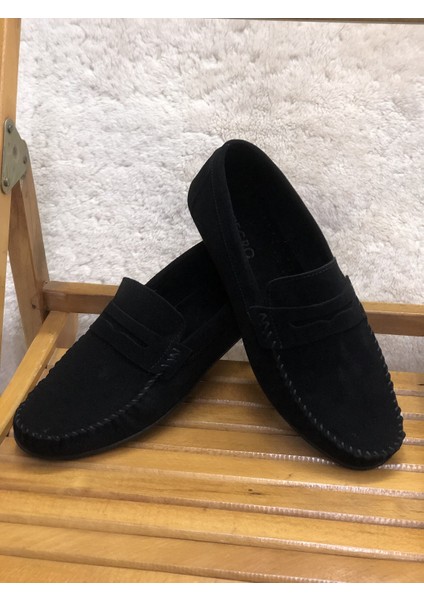 Erkek Siyah Süet Yumuşak Kaymaz Taban Hakiki Deri Loofer Ayakkabı