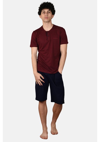 Erkek Bordo Düğmeli Yaka Şortlu Pijama Takımı 6022-