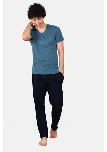 Erkek Mavi 2 Li Takım V Yaka Yazlık Pijama Takımı 6021-