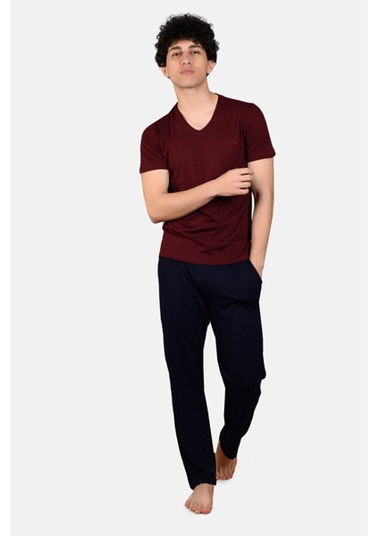 Erkek Bordo 2 Li Takım V Yaka Yazlık Pijama Takımı 6021-