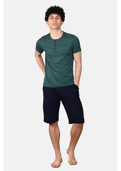 Erkek Yeşil Düğmeli Yaka Şortlu Pijama Takımı 6022-