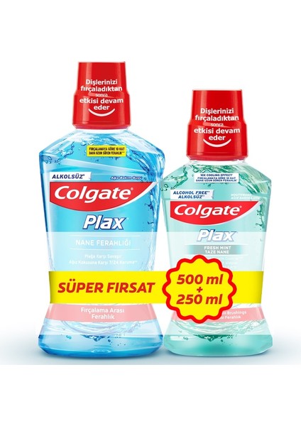 Plax Blue Nane Ferahlığı Ağız Bakım Suyu 500 ml + Plax Green Taze Nane Ağız Bakım Suyu 250 ml