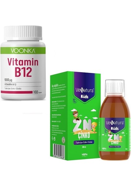 Vitamin B12 1000 Μg 102 Tablet+ Çocuklar Için Çinko Takviye Edici Gıda 100 Ml