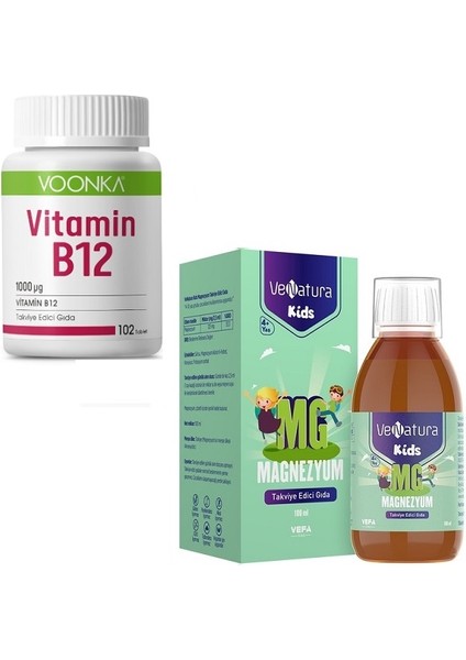 Vitamin B12 1000 Μg 102 Tablet+ Çocuklar Için Magnezyum Takviye Edici Gıda 100 ml