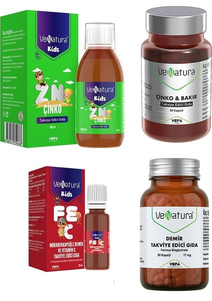 Çocuk+Yetişkin Set Demir ve C Damla 20 ml + Çinko 100 ml + Demir 90 Kapsül + Çinko Bakır 60 Kapsül