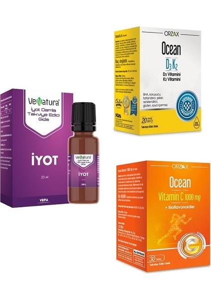 Iyot 25 Mg + Vitamin C 1000 Mg 30 Tablet + Vitamin D3 K2 Damla 20 ml