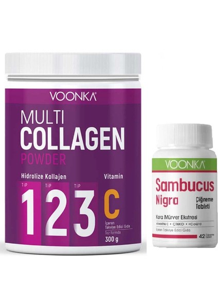 Multi Collagen Powder- Takviyesi 300GR+KARA Mürver Ekstresi Sambucus Nigra 42 Çiğneme Tableti