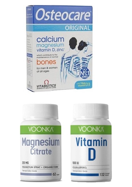 Kalsiyum, Magnezyum, Vitamin D3, Çinko 30 Tablet + Vitamin D 102 Tablet +Magnezyum Sitrat 62 Tablet