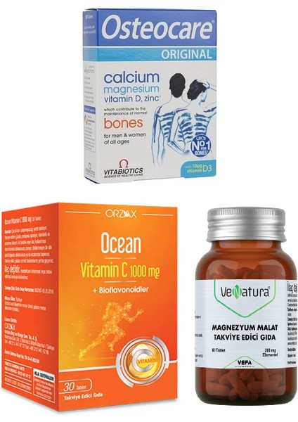 30 Tablet (Kalsiyum, Magnezyum, Vitamin D3,çinko) + C Vitamini 30 T.+ Magnezyum Malat 60 Tablet