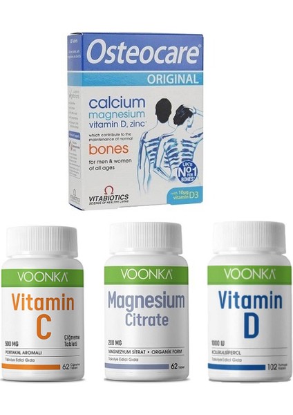 Kalsiyum, Magnezyum, Vitamin D3, Çinko 30 Tablet +Vitamin D 102 T.+Magnezyum 62 T. +Vitamin C 62 T.
