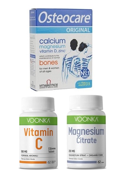 Kalsiyum, Magnezyum, Vitamin D3, Çinko 90 Tablet + Magnezyum 62 Tablet+Vitamin C 62 Çiğneme T.