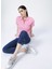 Deep Polo Yaka Basic Düz Açık Pembe Kadın T-Shirt 2