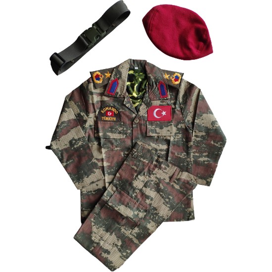 Furkan Giyim Bordo Bereli Erkek Çocuk Asker Komando Kıyafeti Kostüm