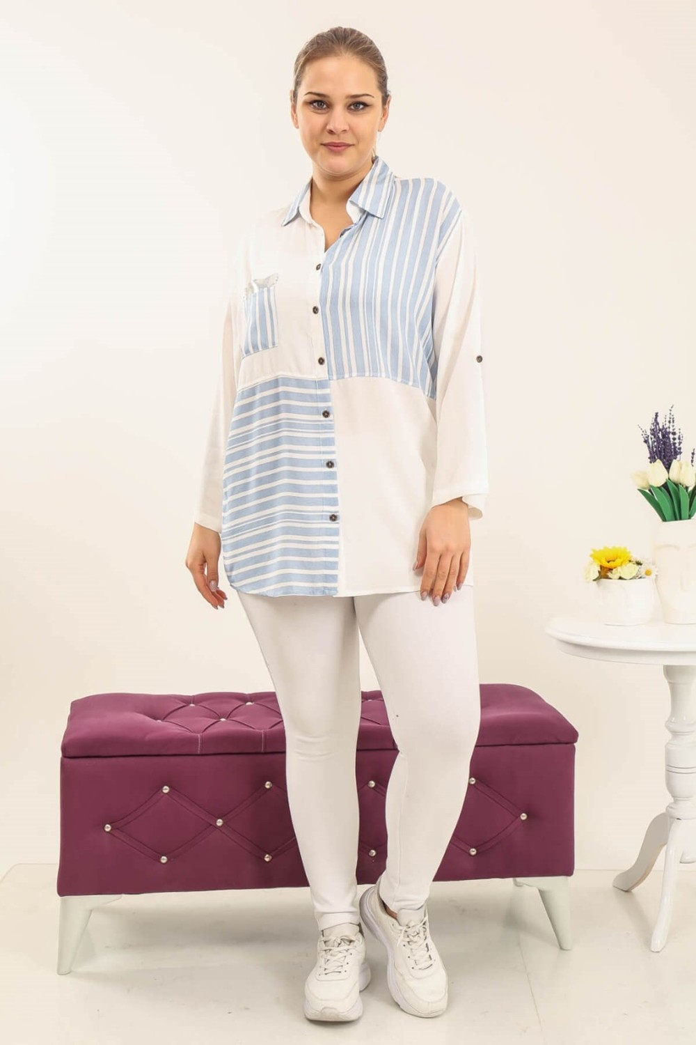 Mia Butik Büyük Beden Pamuklu Mavi Beyaz Çizgili Gömlek görsel 2