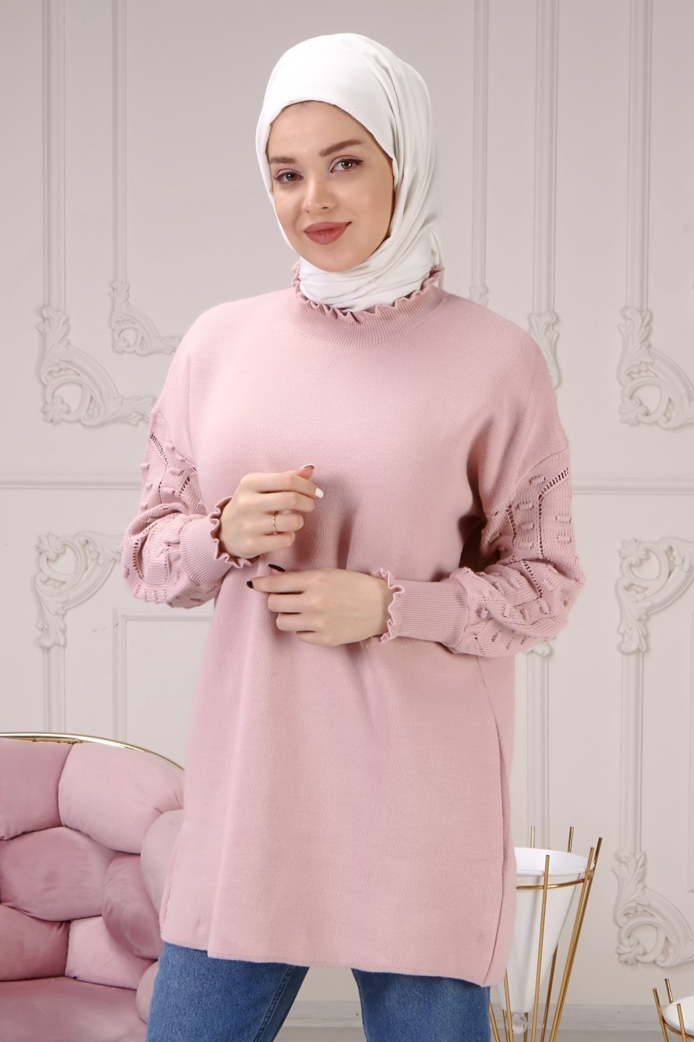 İlmek Kadın Gri Kolu Desenli Büzgülü Triko Kazak görsel 7