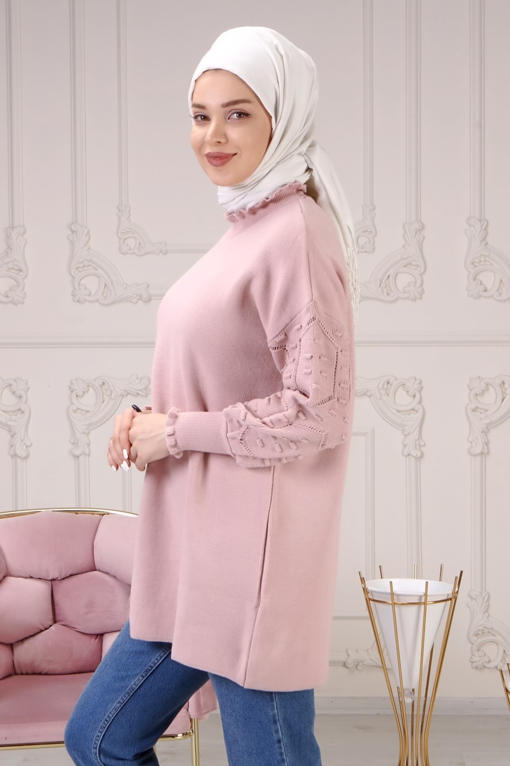 İlmek Kadın Gri Kolu Desenli Büzgülü Triko Kazak görsel 8