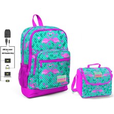 Coral High Yeşil Flamingo Baskılı Okul Çantası ve Beslenme Çantası Seti - Kız Çocuk - USB Soketli