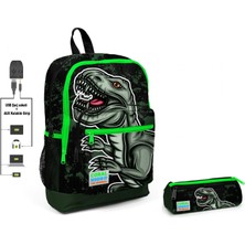 Coral High Yeşil Dinazor Baskılı Ilkokul Sırt Çantası ve Kalemlik Seti - Erkek Çocuk - USB Soketli
