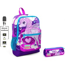 Coral High Mor Unicorn Baskılı Ilkokul Sırt Çantası ve Kalemlik Seti - Kız Çocuk - USB Soketli