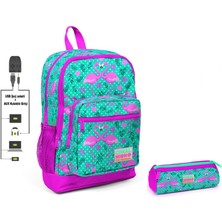 Coral High Yeşil Flamingo Baskılı Ilkokul Sırt Çantası ve Kalemlik Seti - Kız Çocuk - USB Soketli