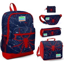 Coral High Mavi-Kırmızı Örümcek Desenli 5'li Ilkokul Çanta Seti