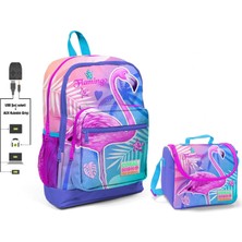 Coral High Pembe Flamingo Baskılı Okul Çantası ve Beslenme Çantası Seti - Kız Çocuk - USB Soketli