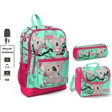 Coral High Yeşil Koala Baskılı Kız Çocuk Ilkokul Çanta Seti - USB Çıkışlı