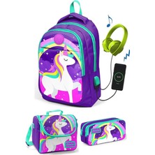 Yaygan Coral High Kız Çocuk Mor Unicorn 3'lü Çanta Takımı - USB Soketli