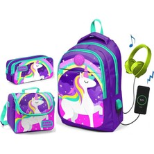 Yaygan Coral High Kız Çocuk Mor Unicorn 3'lü Çanta Takımı - USB Soketli