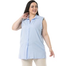 Disentis Modest Büyük Beden Yanları Yırtmaçlı Gömlek Yaka Kolsuz Bebe Mavi Bayan Gömlek