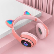 Nevarium Kedi Kulaklık Bluetooth Rgb LED Işıklı Hafıza Kartlı -Pembe