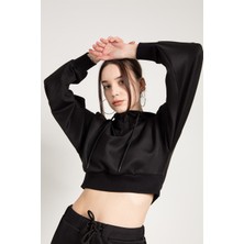 Jahr Marc Crop Fit Siyah Kapüşonlu Sweatshirt