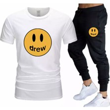 Amor Man Drew Emoji Gülen Yüz Baskılı %100 Pamuk Kısa Kollu Yazlık Ultra Hafif Erkek Eşofman Takımı