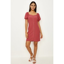 Select Moda Kadın Mavi Düğme Detaylı Balon Kollu Elbise