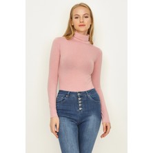 Select Moda Kadın Pembe Balıkçı Yaka Alttan Çıtçıtlı Body