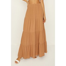 Select Moda Kadın Kahverengi Beli Lastikli Volanlı Maxi Etek