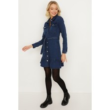 Select Moda Kadın Mavi Önden Düğmeli Kuşaklı Etekleri Fırfırlı Denim Elbise